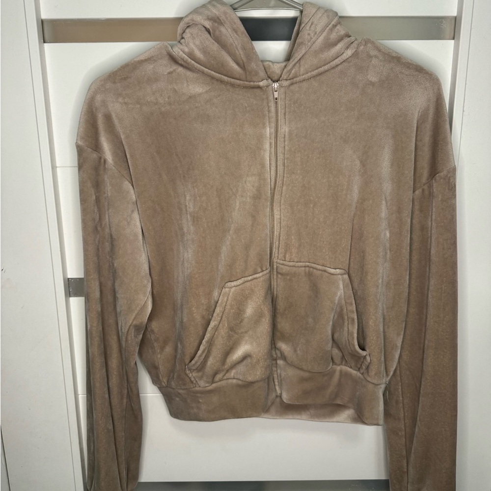 Beige velvet cropped zip up jacket